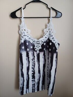Women's Size XXL Black And White American Flag Summer Polyester Shirt Tank Top